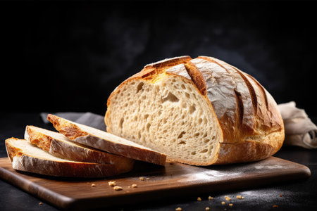 Sliced bread on a wooden cutting board on a black backgroundの素材
