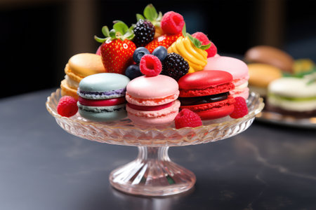 Colorful macaroons with fresh berries on a glass stand.の素材