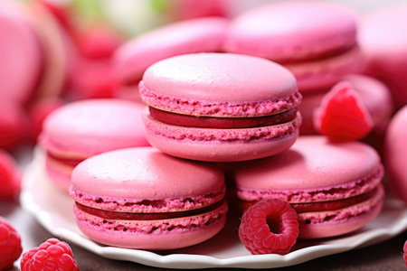 Tasty macaroons with raspberries on plate, closeupの素材