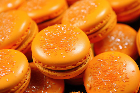 orange macaroon with sugar sprinkles, closeup of photoの素材