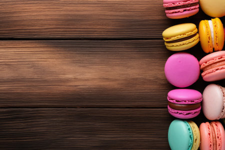 Colorful macaroons on wooden background. Top view with copy spaceの素材