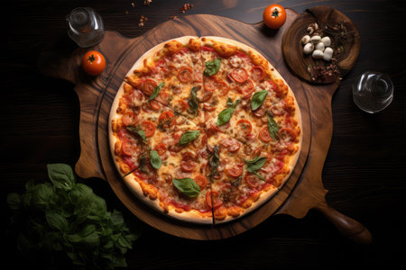 Pizza with mozzarella cheese, tomatoes and basil on wooden boardの素材