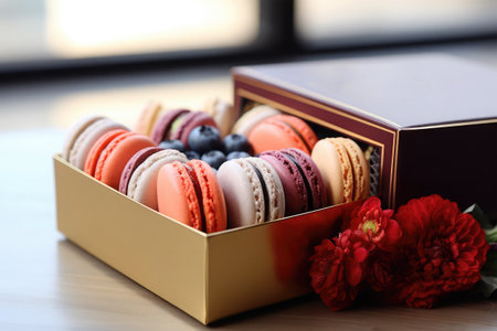 Box with delicious macaroons and flowers on table, closeupの素材