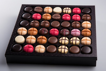 Box of assorted chocolates on a white background, top viewの素材