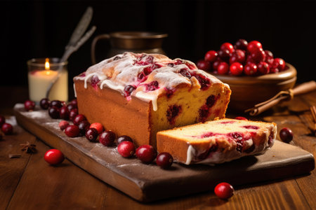 Cranberry cake with icing sugar and cranberries on wooden tableの素材