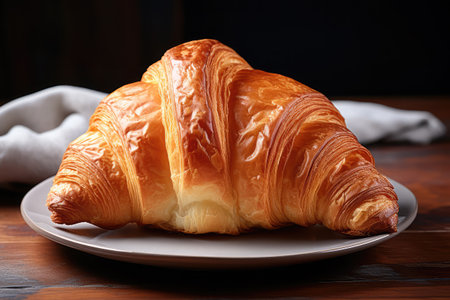 Croissant on a white plate on a wooden table, dark backgroundの素材