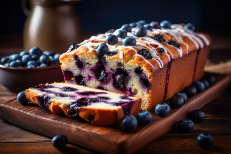 Blueberry loaf cake on a wooden board with fresh blueberries.の素材