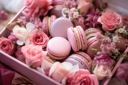 Macaroons and roses in a gift box, close-upの素材