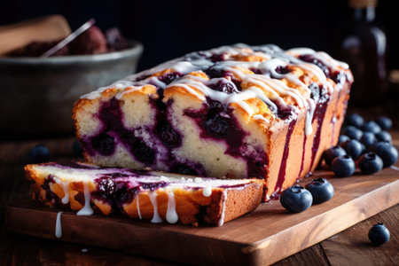 Blueberry loaf cake with icing sugar and fresh berries on wooden backgroundの素材
