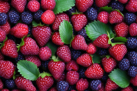 Background of fresh ripe raspberries and blackberries with green leavesの素材
