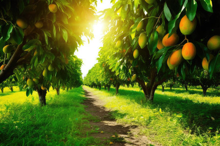 Mango fruit on tree in the orchard with sunlight background.の素材