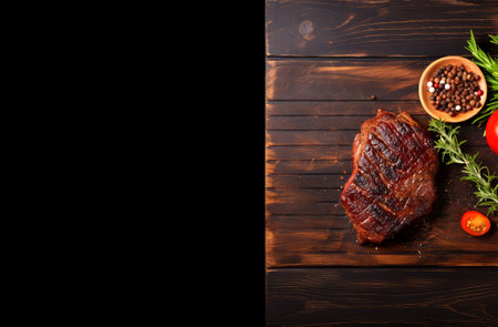 Grilled beef steak on wooden background. Top view with copy spaceの素材
