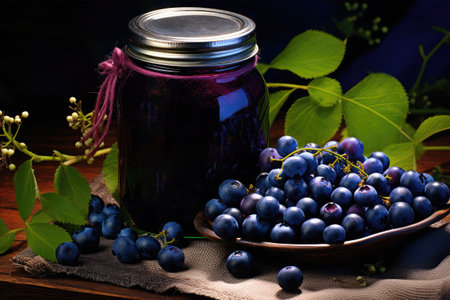 Blueberry jam in a glass jar and fresh berries on a wooden tableの素材