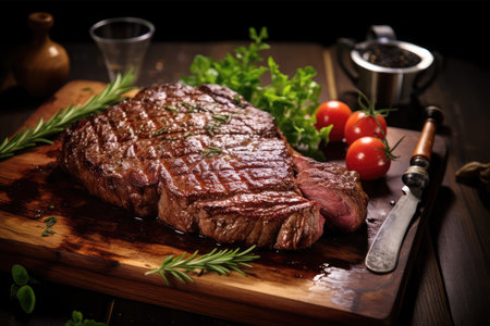 Grilled beef steak with rosemary and spices on a wooden boardの素材