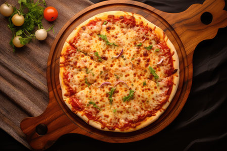 pizza on a wooden board on a dark background, top viewの素材