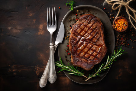 Grilled T-bone steak with spices and herbs on dark backgroundの素材
