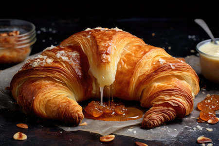 Freshly baked croissant with honey and nuts on dark backgroundの素材
