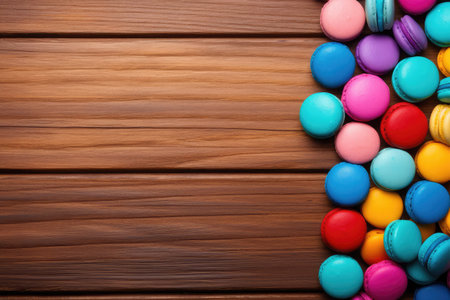 Colorful macaroons on brown wooden table. Top view with copy spaceの素材