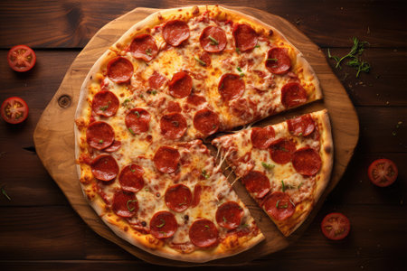 Pepperoni pizza on wooden background. Top view. Copy space.の素材