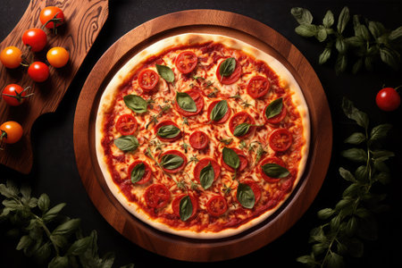 Pizza with mozzarella cheese, tomatoes and basil on black backgroundの素材