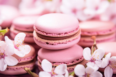 Macaroons with cherry blossoms on a pink background. Selective focus.の素材