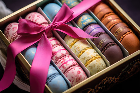 Colorful macaroons in a gift box with a pink ribbonの素材