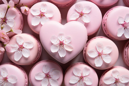 Pink macaroons in the shape of a heart with flowers on a pink background.の素材