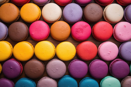 Colorful macaroons on a wooden background. Top view.の素材