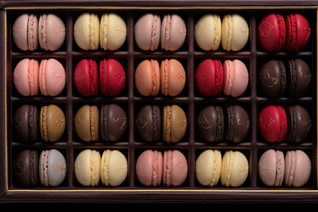 Colorful macaroons in a wooden box. Toned.の素材