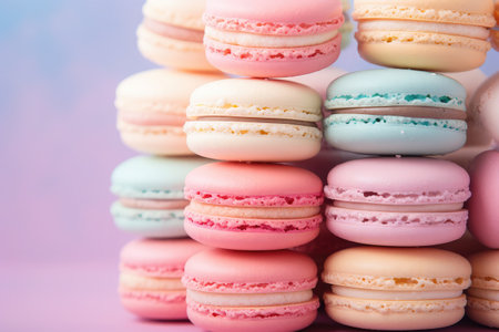 Colorful macaroons on a pink background. Close up.の素材