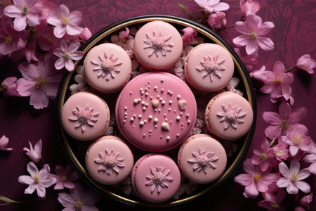 Pink macaroon with pink flowers on a dark wooden background.の素材