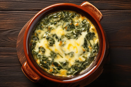 Spinach soup in bowl on wooden background, top view.の素材