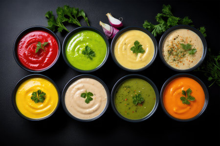 Set of four different sauces in bowls on black background, top viewの素材
