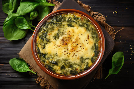 Baked spinach with cheese in a bowl on a black wooden backgroundの素材