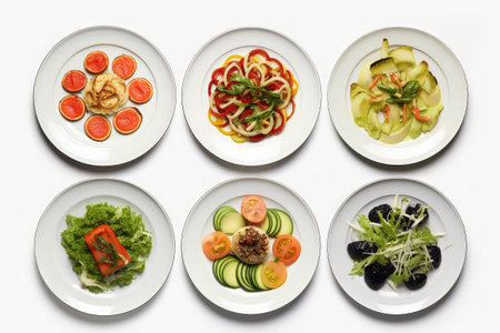 A set of different salads on a white background. Top view.の素材