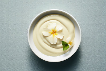 bowl of cream with flower on blue background, spa and beauty conceptの素材