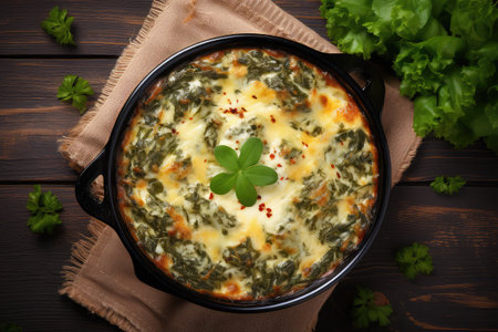 Baked spinach with cheese in a baking dish on a wooden backgroundの素材