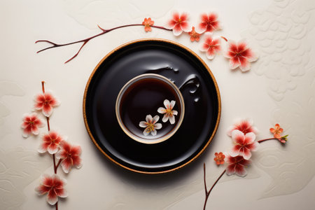Cup of tea with sakura flowers on white background, top viewの素材