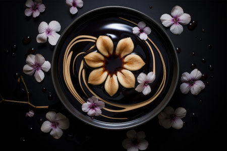 bowl of water with flowers on black background, top view, flat layの素材