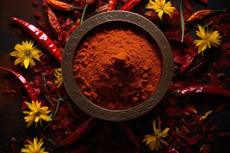 Chilli powder with red chili peppers and yellow flowers on black backgroundの素材