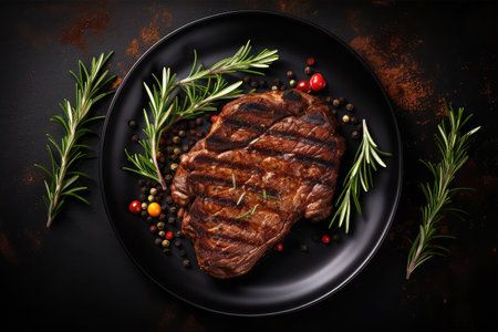 Grilled beef steak with rosemary and peppercorns on dark backgroundの素材