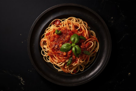 Spaghetti bolognese with tomato sauce and basil on black backgroundの素材