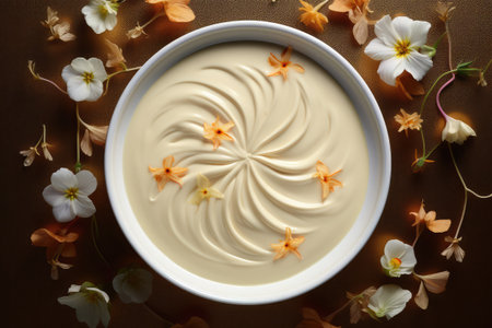 Creamy mayonnaise in bowl with flowers on brown backgroundの素材