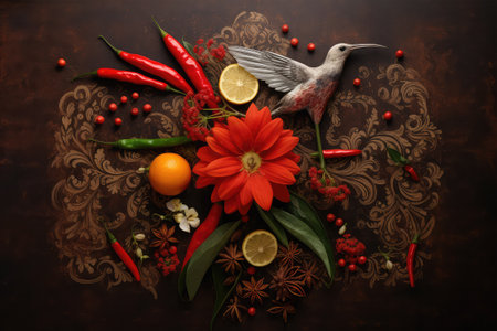 Red flowers, fruits and hummingbird on a wooden background. Still lifeの素材