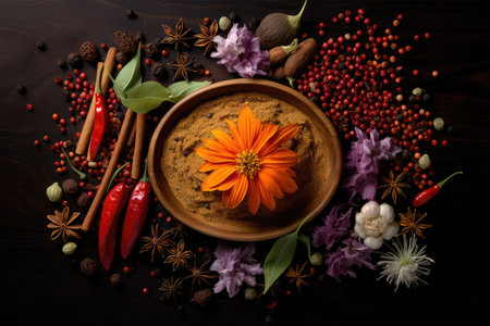 Spices and herbs on a dark wooden background, top view.の素材