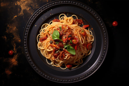 Spaghetti bolognese with cherry tomatoes and basil on black backgroundの素材