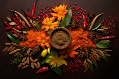 Spices and herbs on wooden background. Top view with copy spaceの素材