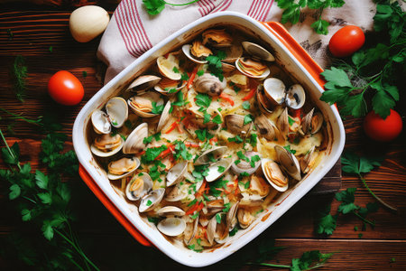 Clams cooked in casserole dish on a wooden backgroundの素材