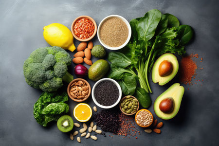 Healthy food clean eating selection on dark background. Balanced diet. Top view.の素材