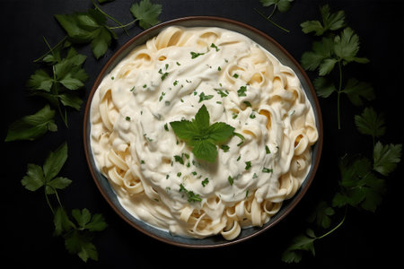 Bowl of pasta with cream sauce and parsley on black backgroundの素材